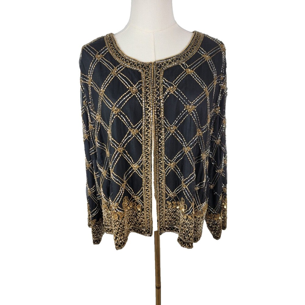 August Max Woman Plus 2X 100% Silk Black & Gold Jacket Blazer Top Women Beaded